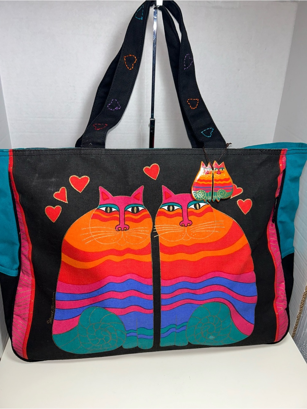 Laurel Burch Multicolor Cats Hearts Cotton Zip Large Tote Shoulder Bag